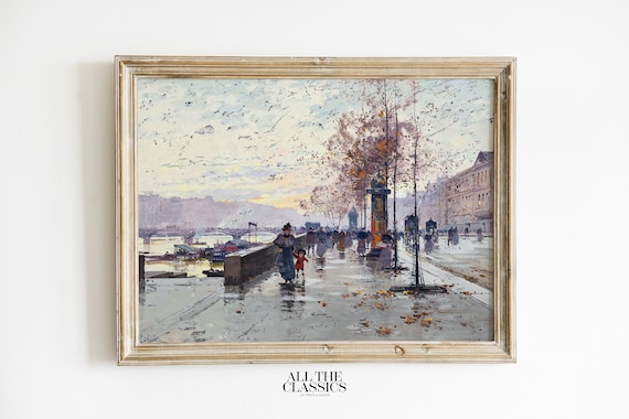 Rainy Autumn Riverside Boulevard Impressionist Painting Poster