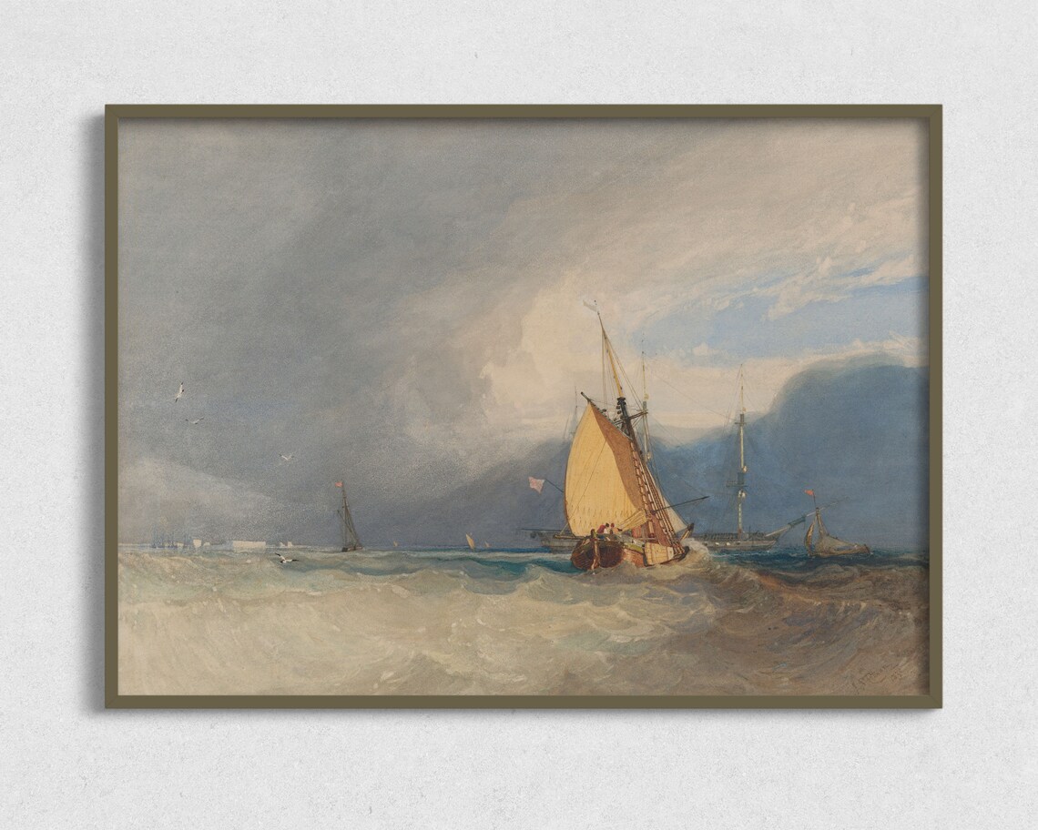 Tall Ships Stormy Sea Dramatic Clouds Vintage Maritime Oil Painting Poster