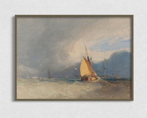 Tall Ships Stormy Sea Dramatic Clouds Vintage Maritime Oil Painting Poster