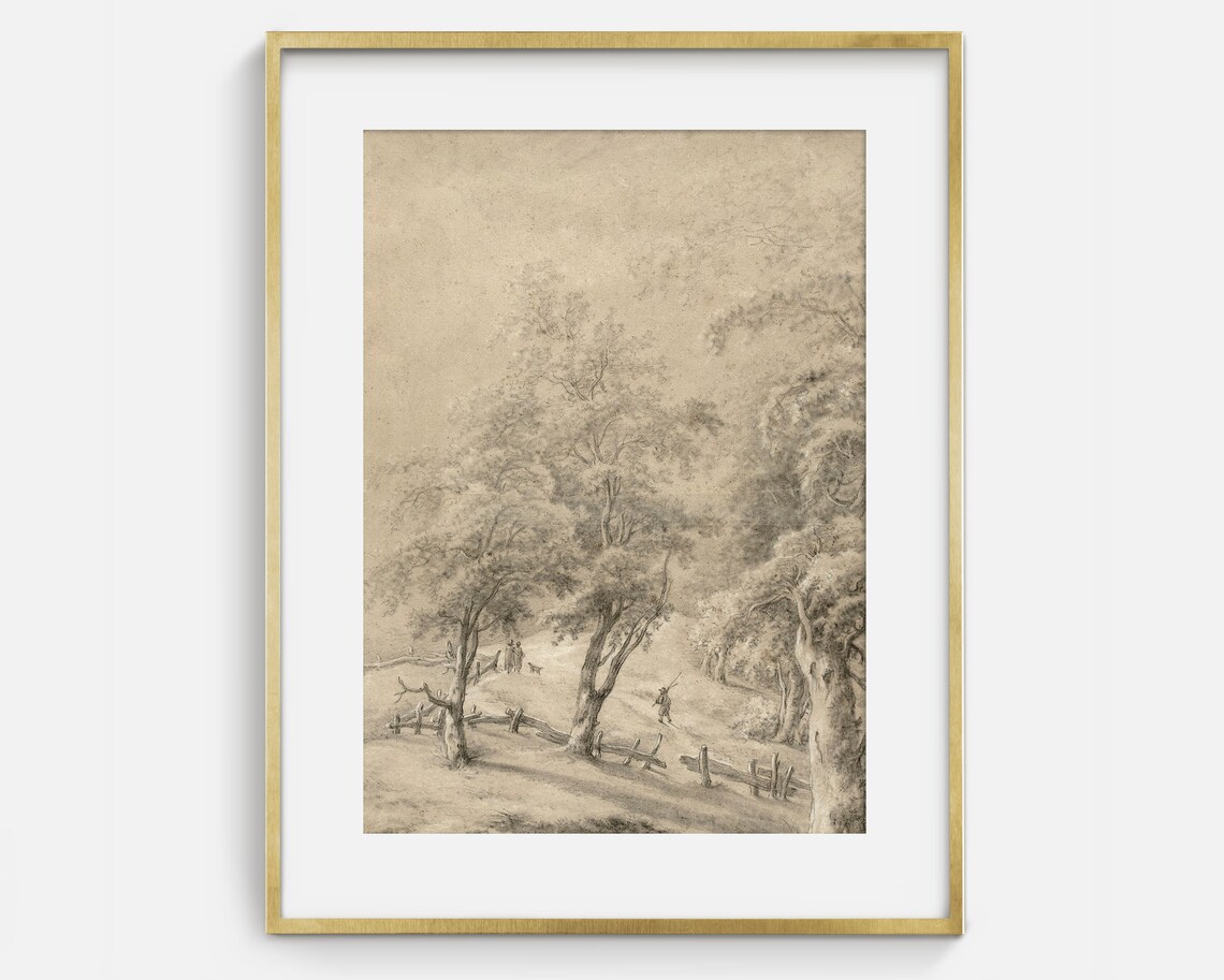 Sepia Winter Forest Fence Landscape Vintage Pencil Sketch Art Poster - Image 2