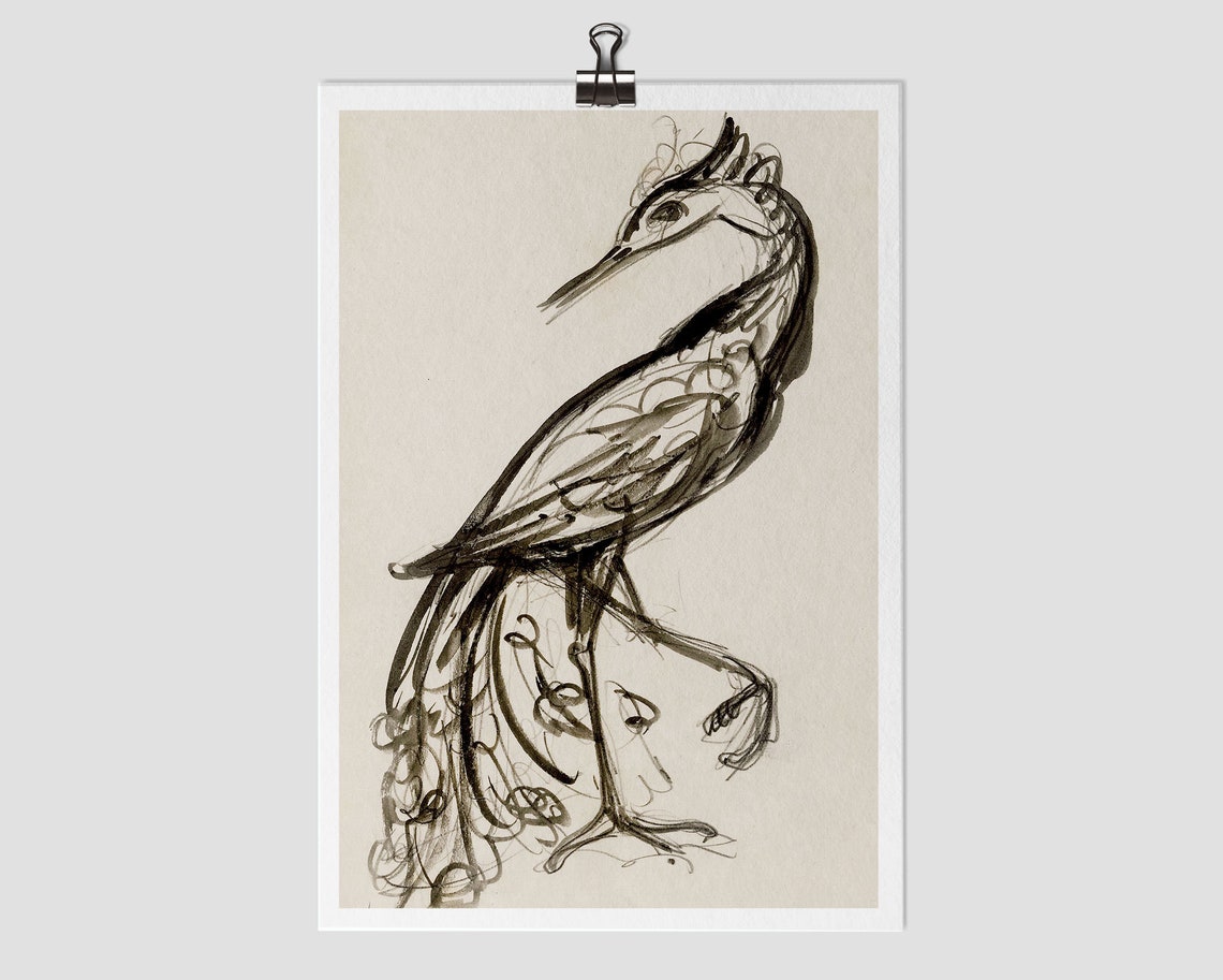 Black Ink Heron Bird Sketch Vintage Minimalist Wildlife Drawing Poster
