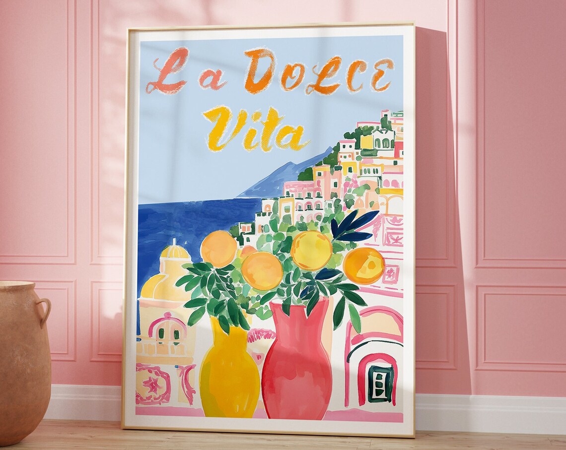 La Dolce Vita Positano Amalfi Coast Lemon Watercolor Travel Poster