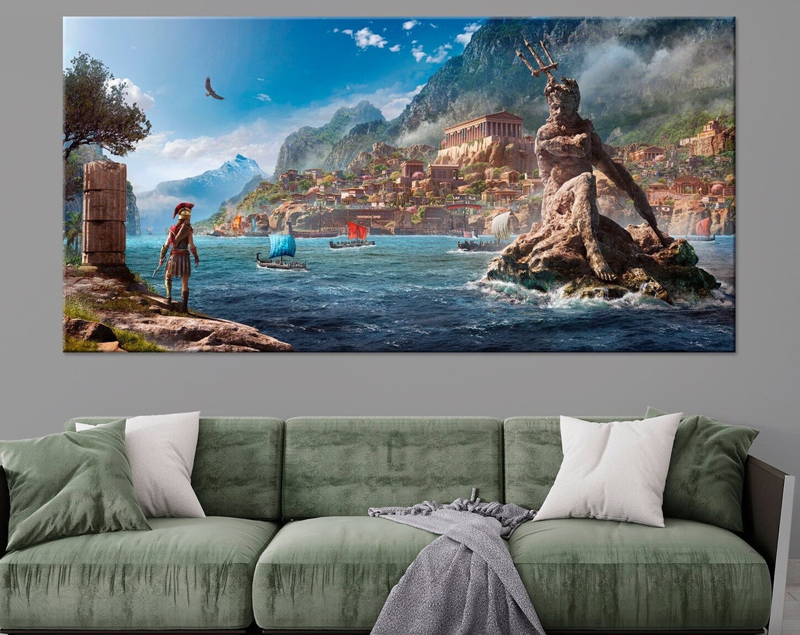 Greek Mythology Poseidon Statue Coastal Fantasy Epic Scene Poster