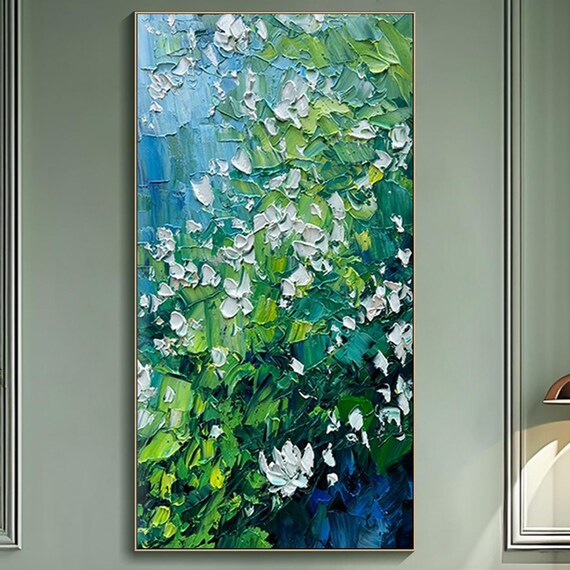 Green Foliage White Blossoms Abstract Impasto Oil Painting Vertical Botanical Poster