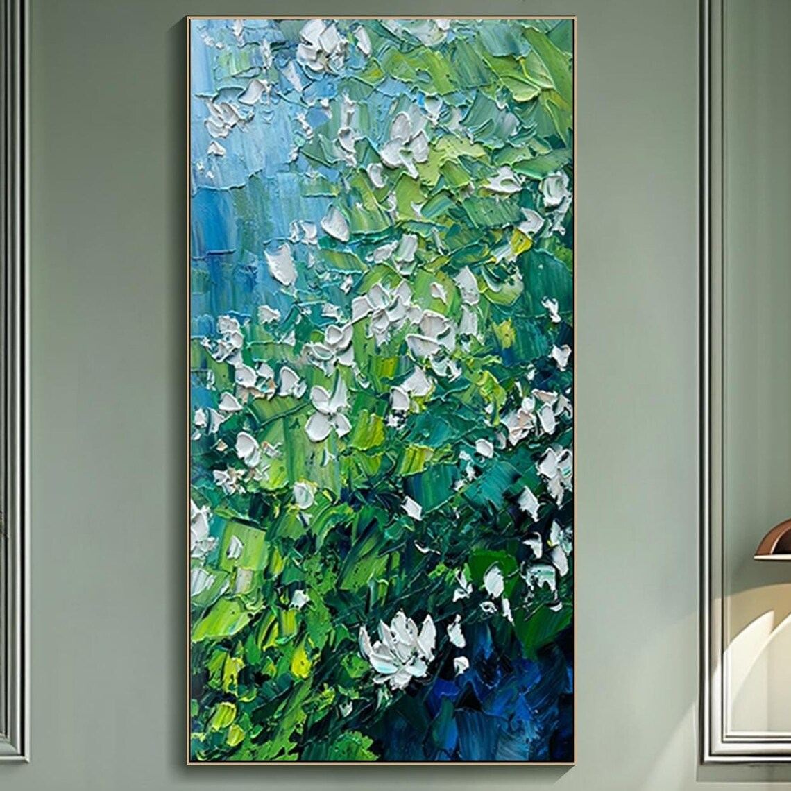 Green Foliage White Blossoms Abstract Impasto Oil Painting Vertical Botanical Poster
