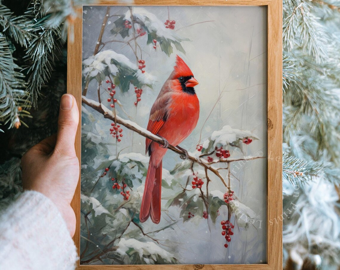 Red Cardinal Snowy Branch Winter Bird Oil Painting Style Poster - Image 8