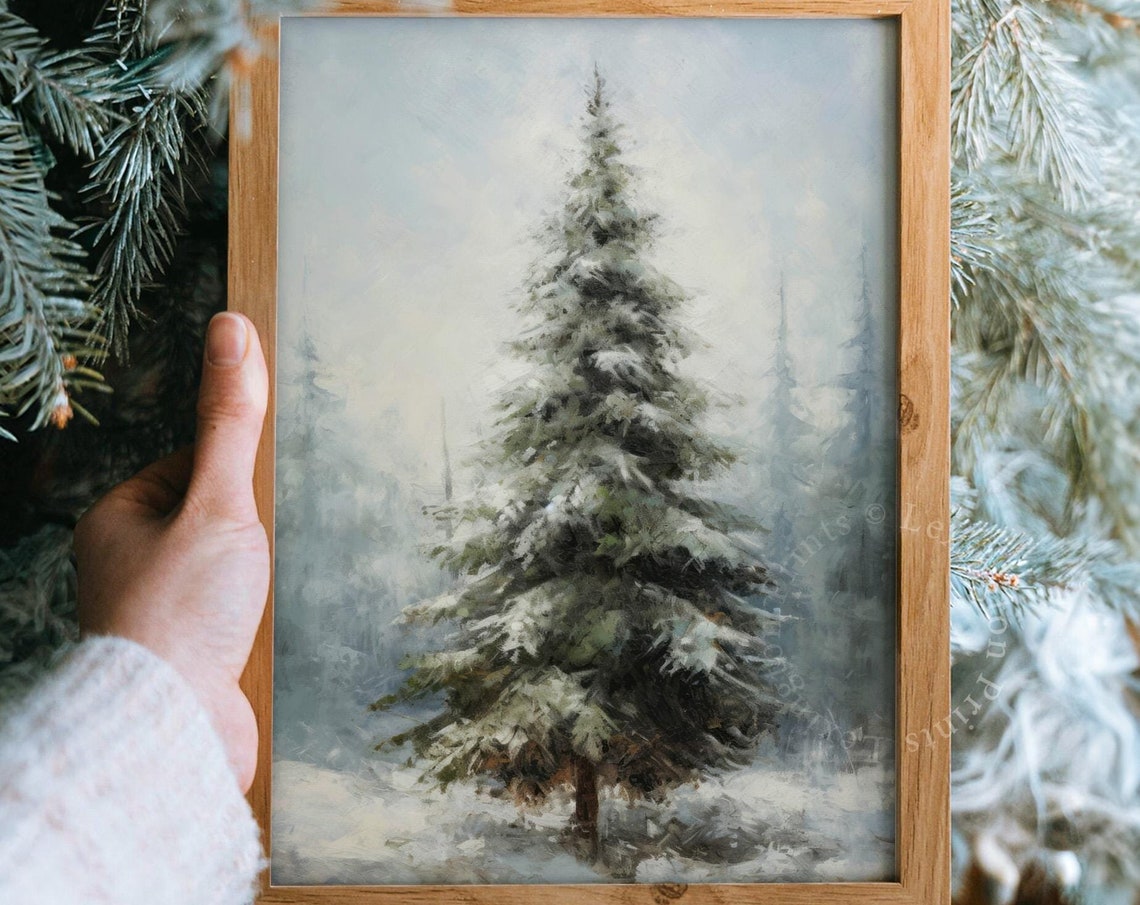 Snowy Pine Tree Winter Forest Foggy Landscape Vintage Painting Poster