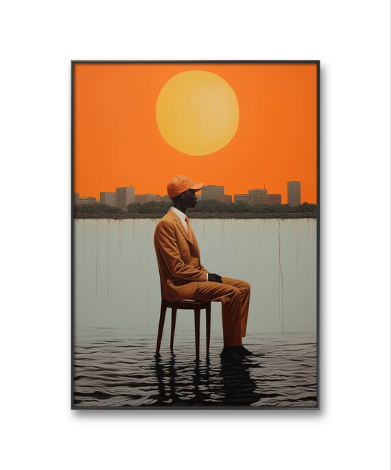 Surreal Man In Orange Suit Seated On Chair In Water Sunset Wall Art