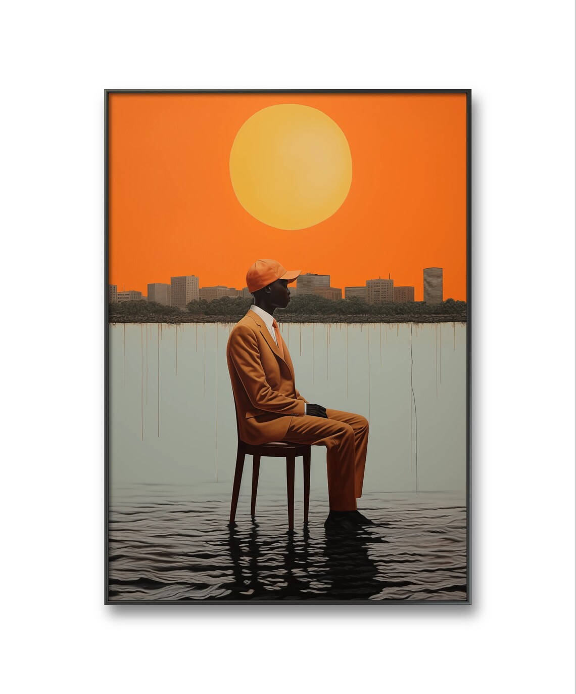 Surreal Man In Orange Suit Seated On Chair In Water Sunset Wall Art