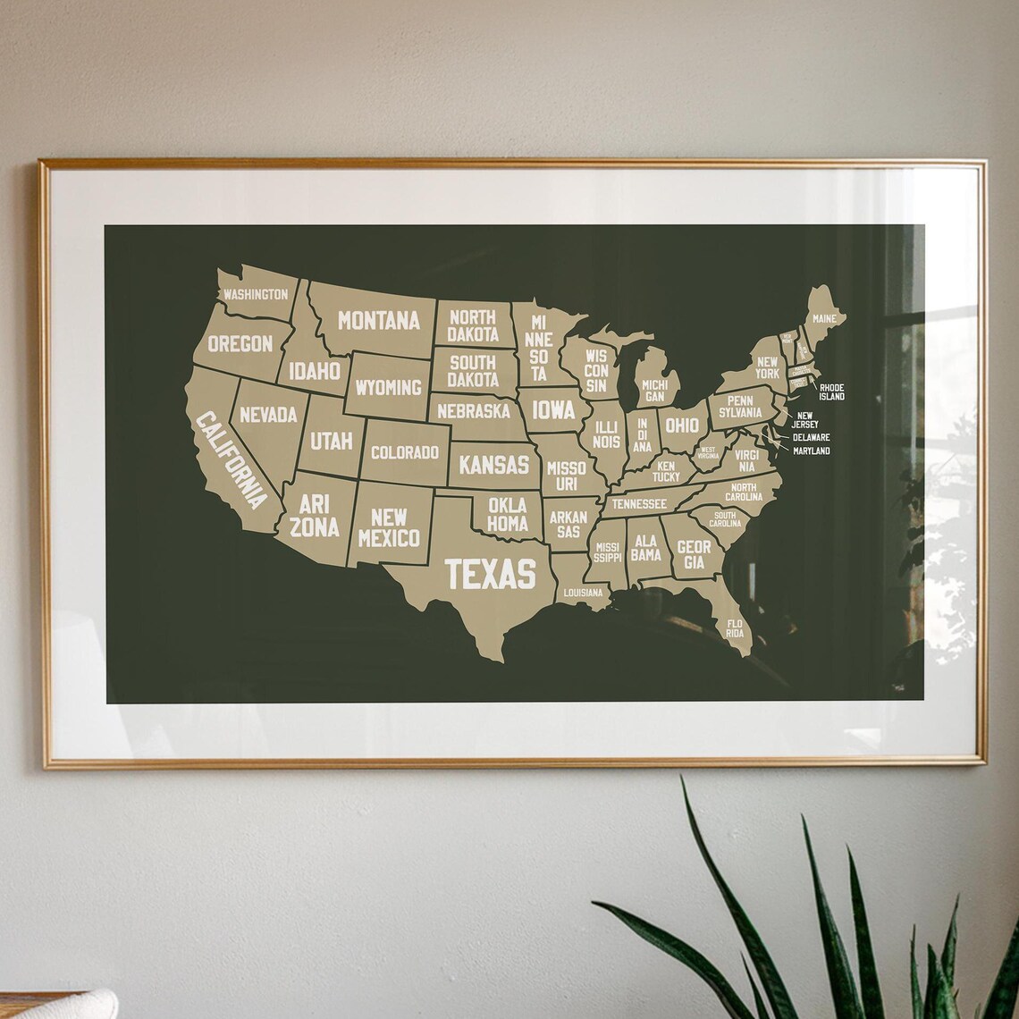 United States Map Vintage Dark Green Tan Travel Office Wall Poster