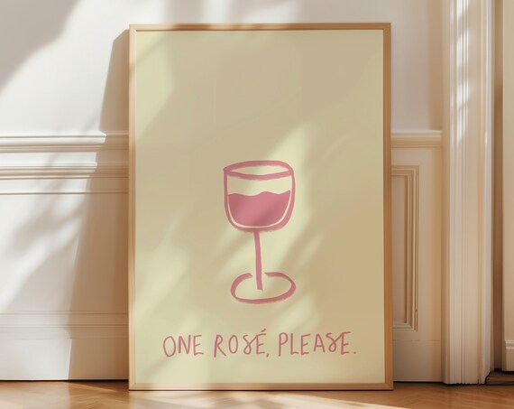 One Rose Please Pink Wine Glass Bar Cart Chic Minimal Wall Art
