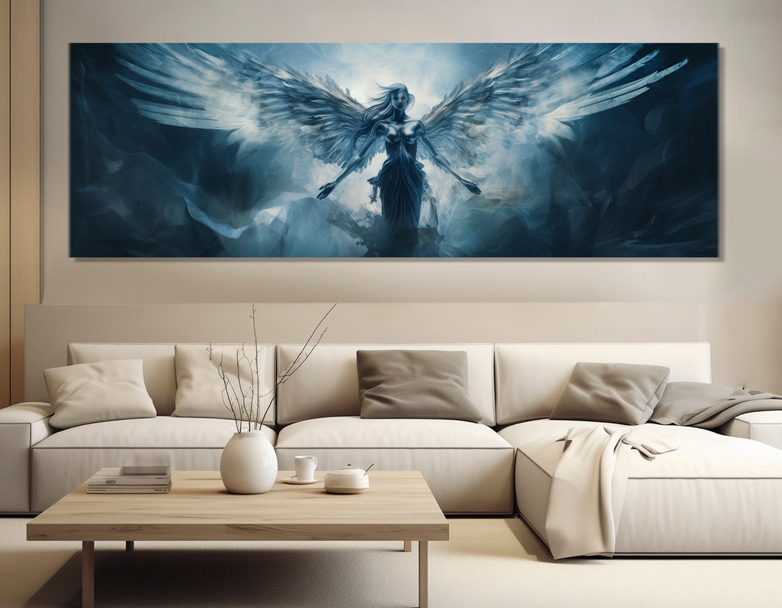 Dark Blue Angel With Spread Wings Ethereal Clouds Fantasy Art Poster