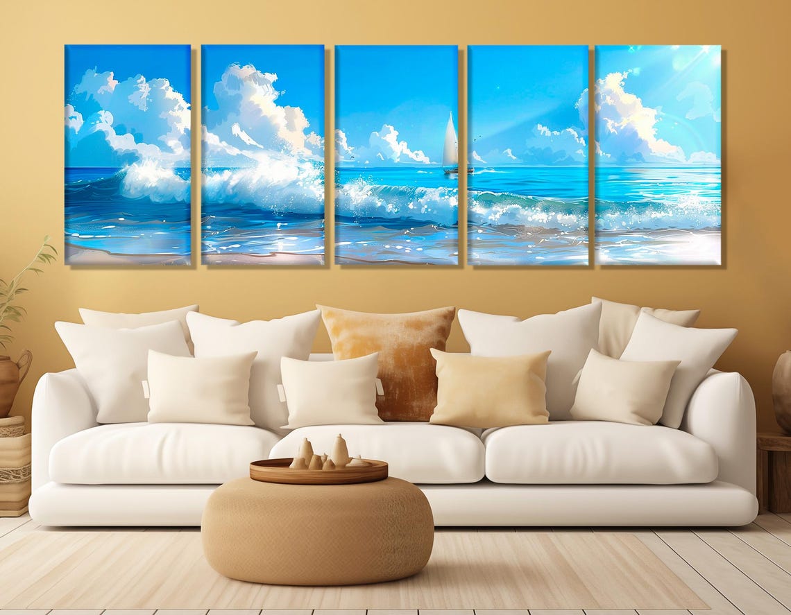 Turquoise Ocean Waves Sailboat Bright Blue Sky Panorama Beach Poster - Image 3