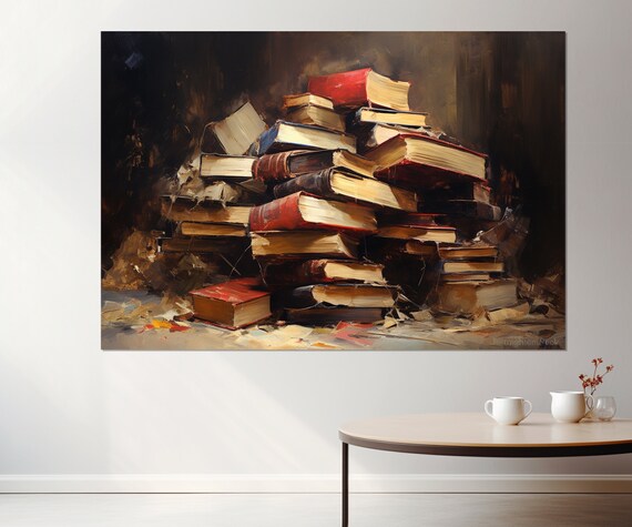 Pile Of Vintage Old Books Oil Painting Reading Library Study Wall Art Poster