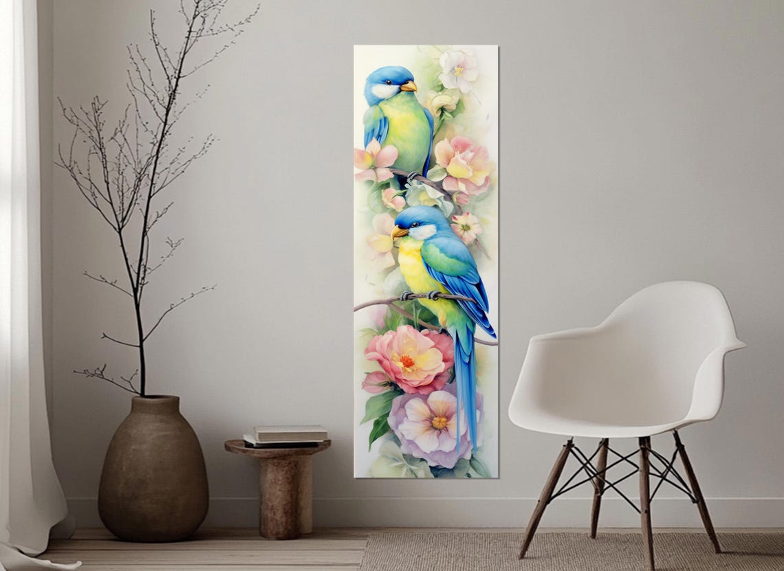 Blue Yellow Songbirds Blossom Branch Soft Watercolor Nature Poster - Image 4