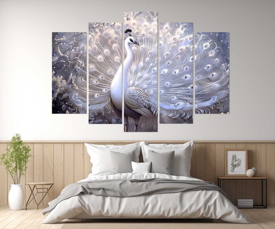 White Peacock Full Fanned Tail Snowy Forest Elegant Bird Wall Art - Image 3