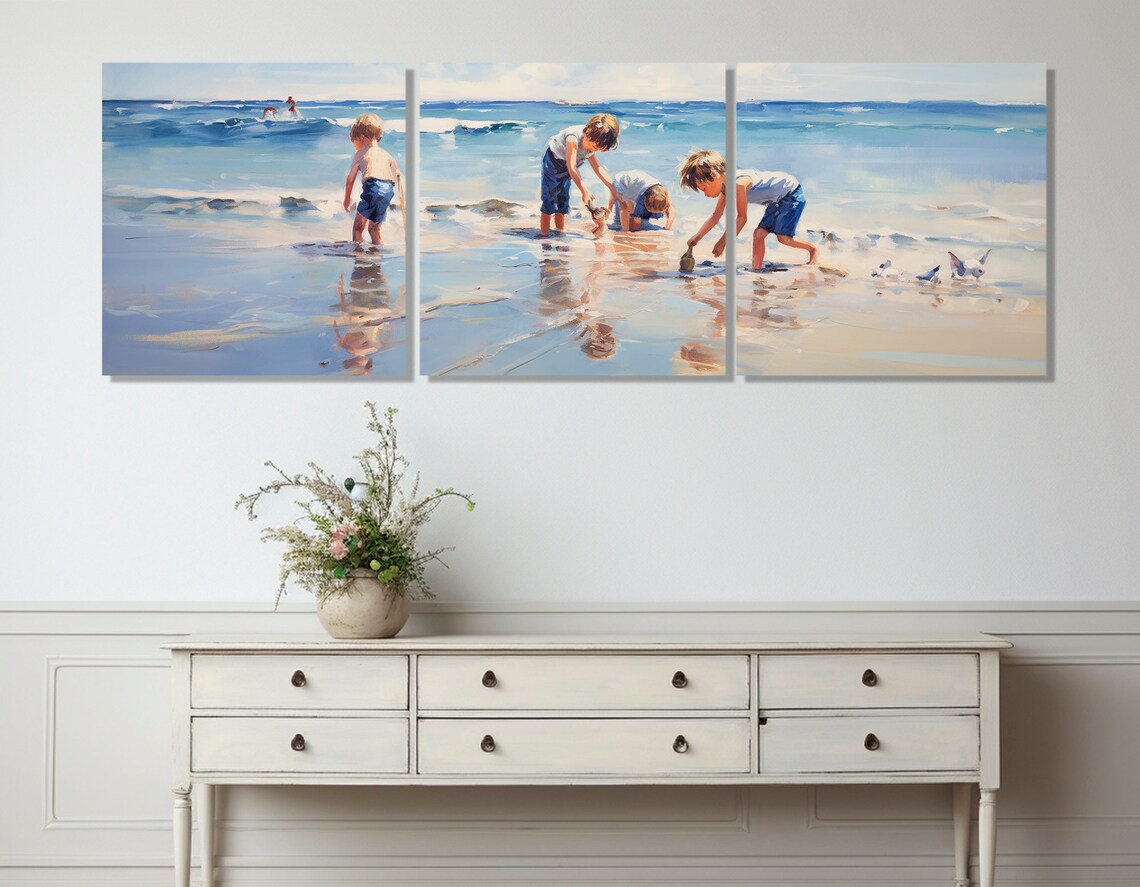 Kids Playing on the Beach Painting Art Print, Beach Scene - Image 3