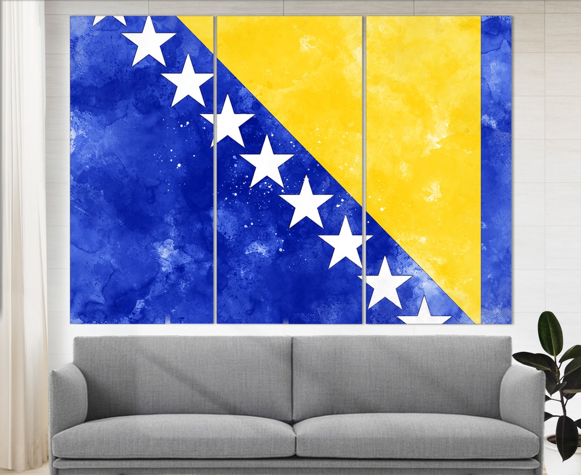 Bosnia And Herzegovina Flag Grunge Watercolor Yellow Stars Poster - Image 3