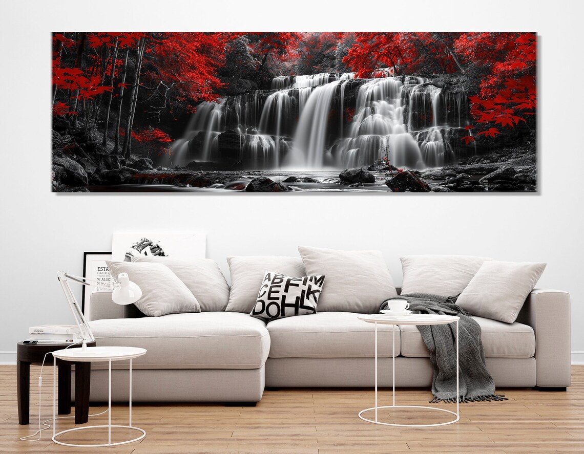 Abstract Black And White Waterfall in Red Forest Art Print - Image 2
