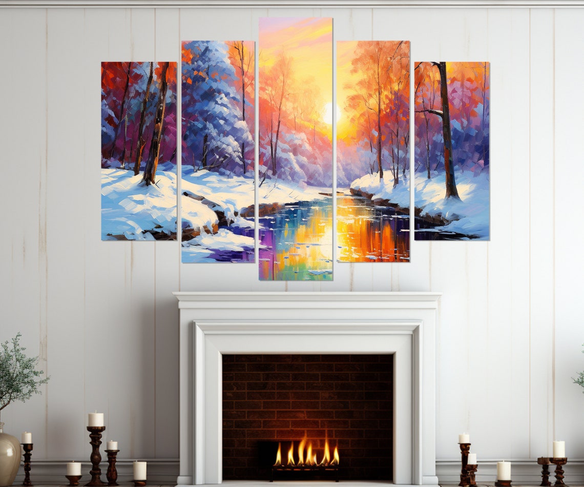 Winter Forest River Sunset Snow Colorful Reflection Wall Poster - Image 4