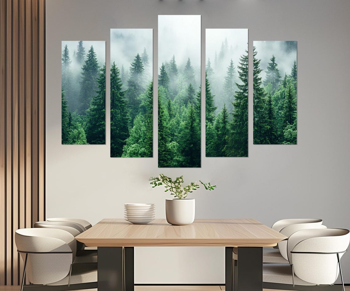 Misty Pine Forest Fog Dense Green Trees Nature Landscape Wall Poster - Image 2