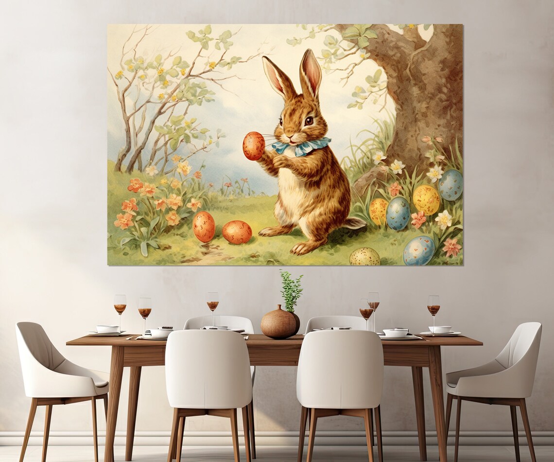 Vintage Easter Bunny Holding Decorated Egg Spring Flowers Nursery Wall Art Poster