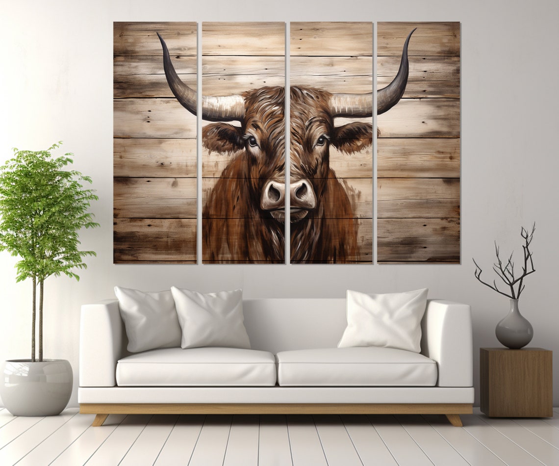 Rustic Longhorn Cow Triptych Wood Plank Western Farmhouse Art Poster - Image 3