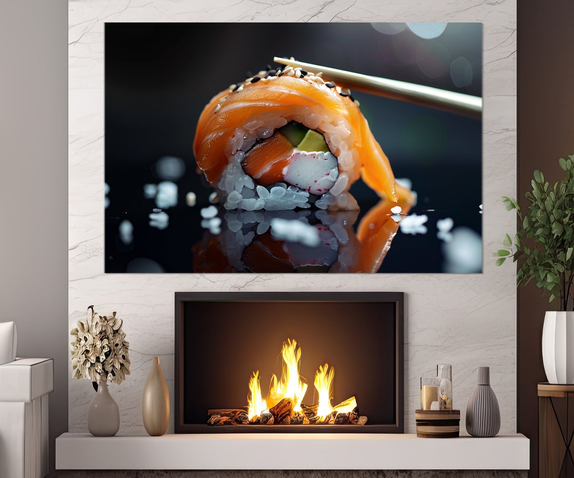 Salmon Sushi Roll Photo Chopsticks Dark Background Kitchen Poster - Image 2