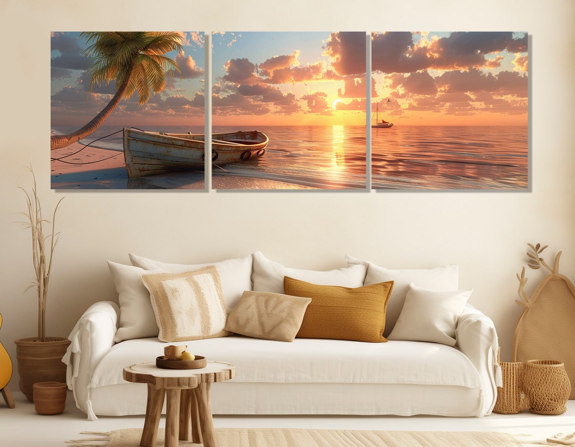 Old Wooden Boat Sunset Beach Palm Tree Sailboat Ocean Travel Poster - Image 3