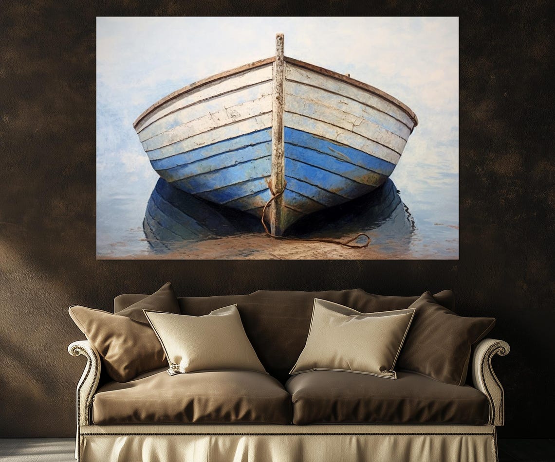 Old Blue Wooden Fishing Boat Weathered Hull Calm Water Art Poster