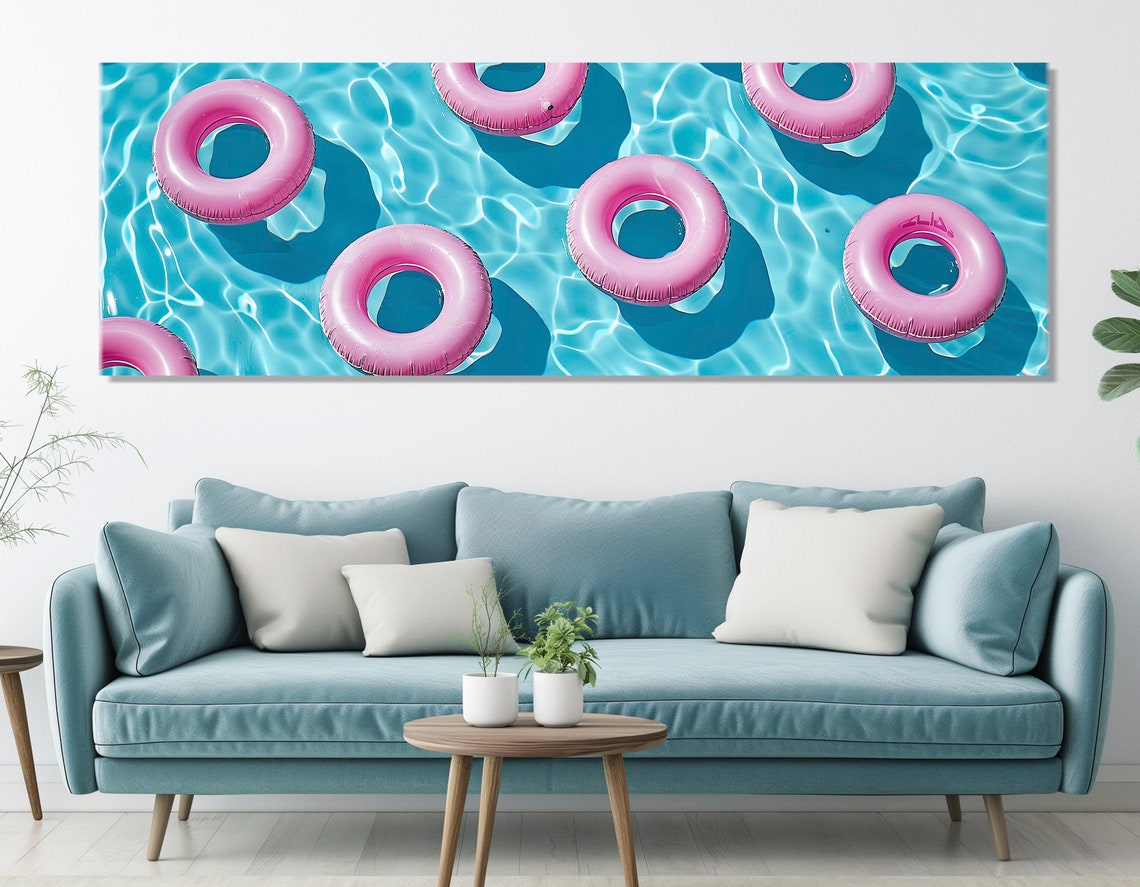 Pink Pool Floats Turquoise Water Top Down Summer Aerial View Poster