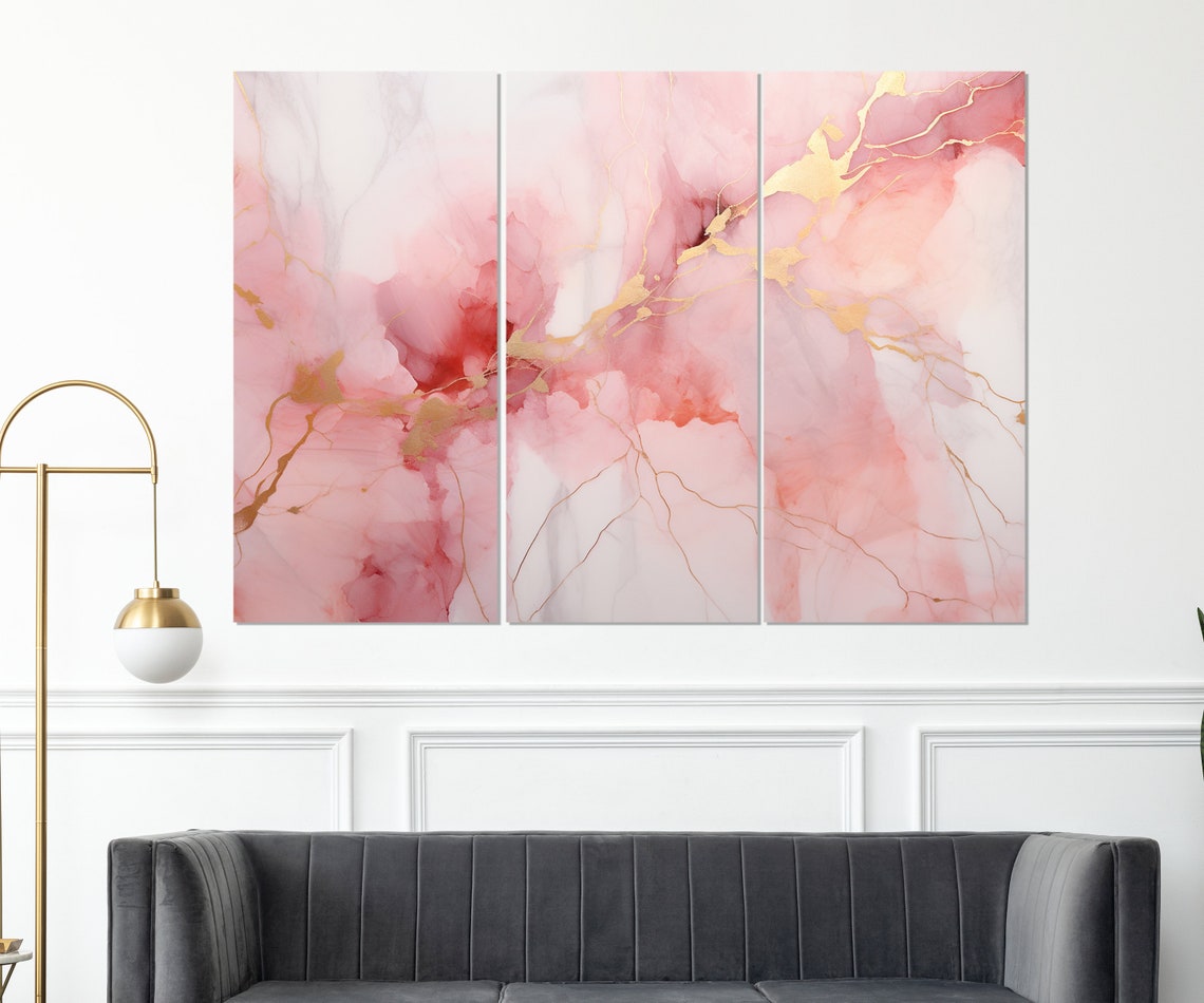 Blush Pink Marble Gold Veins Triptych Abstract Modern Elegant Poster