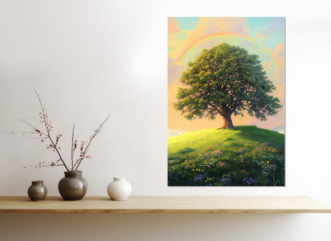 Lone Oak Tree on Flower Meadow Hill With Rainbow Pastel Sky Art Poster - Image 2