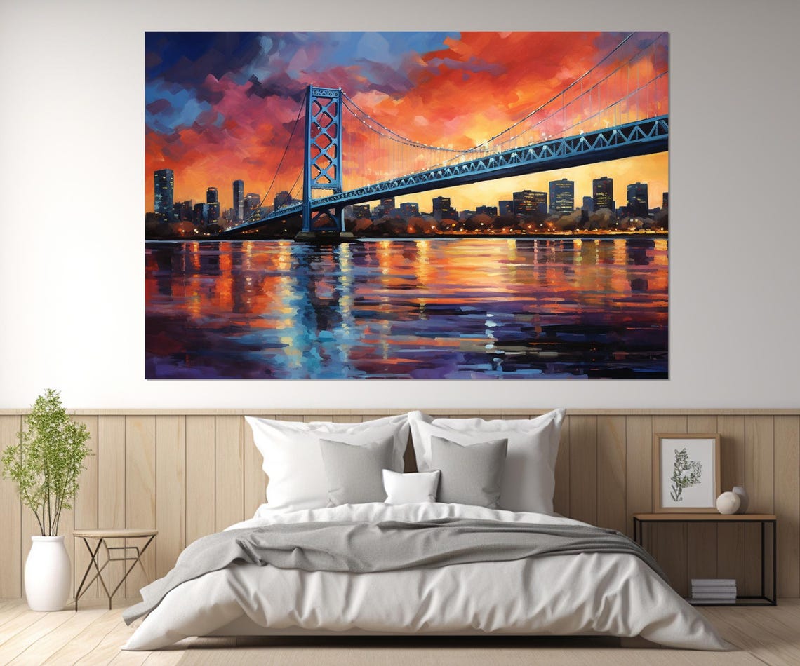 New Jersey Skyline Suspension Bridge Sunset River Abstract Art Poster - Image 2