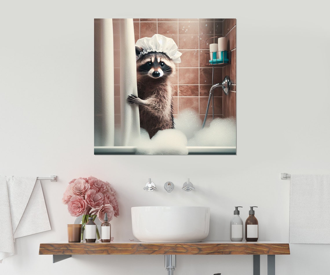 Cute Raccoon With White Shower Cap Peeking From Shower Curtain Poster - Image 2