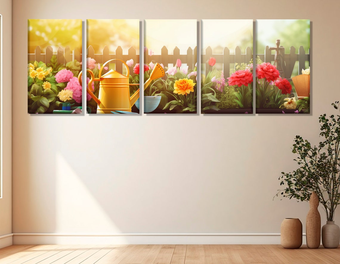 Yellow Watering Can Blooming Garden Picket Fence Sunny Wall Art Print - Image 2