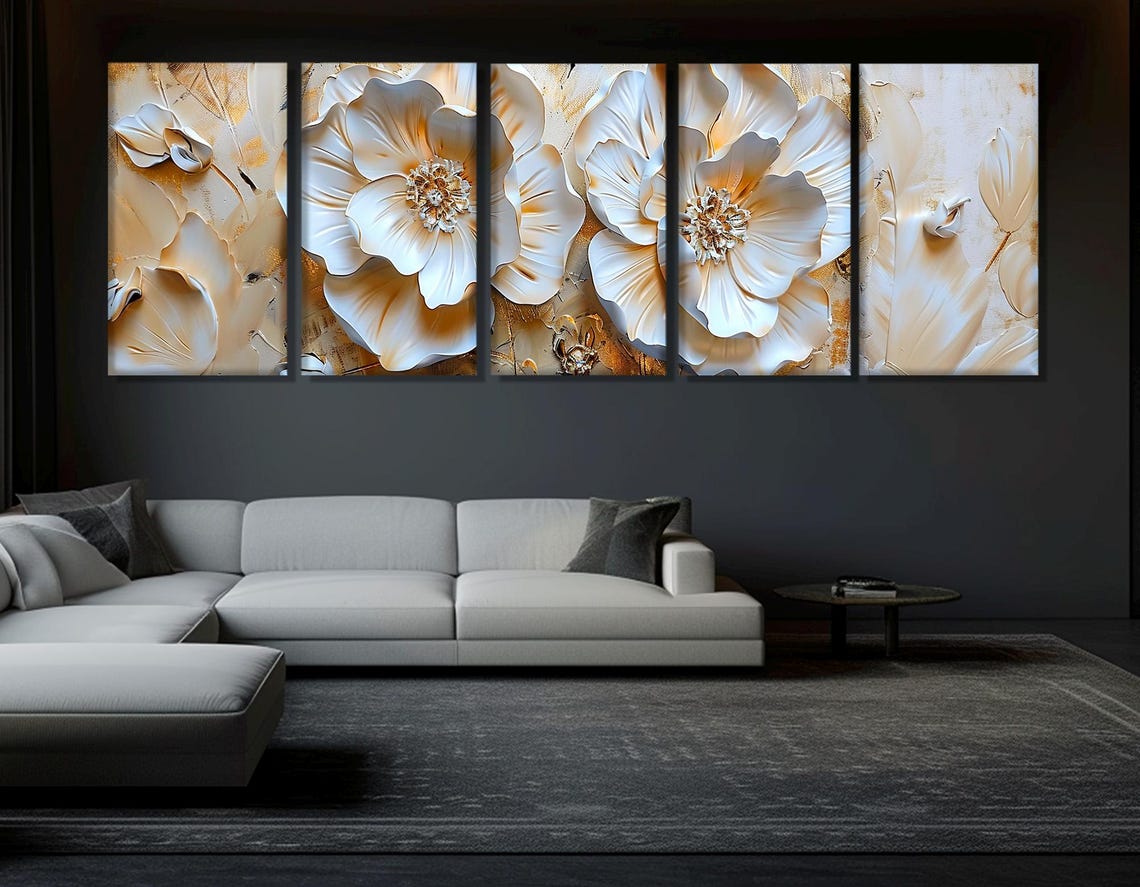 Luxury White Flowers Gold Tones 3D Relief Effect Panoramic Poster - Image 2