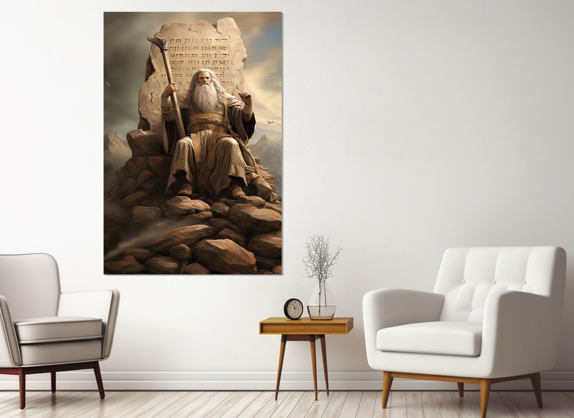Moses with Staff Stone Tablets Mountaintop Biblical Scene Art Poster - Image 3