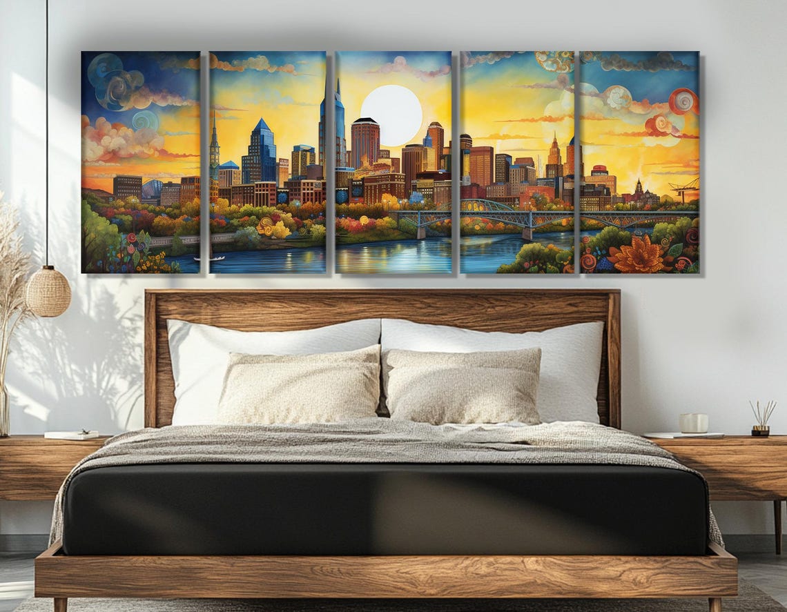 Nashville Skyline Sunset Golden River Painting Panoramic Travel Poster - Image 3