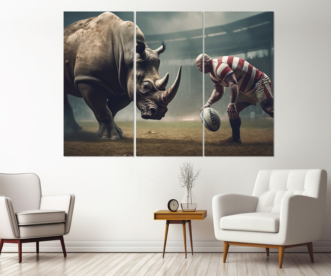 Rugby Player Vs Rhinoceros Epic Showdown Stadium Dramatic Wall Art Poster - Image 4