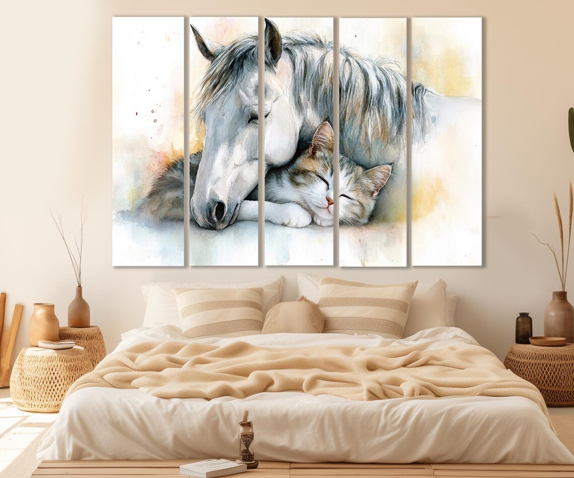 White Horse and Sleeping Tabby Cat Watercolor Tender Friendship Art Poster - Image 3