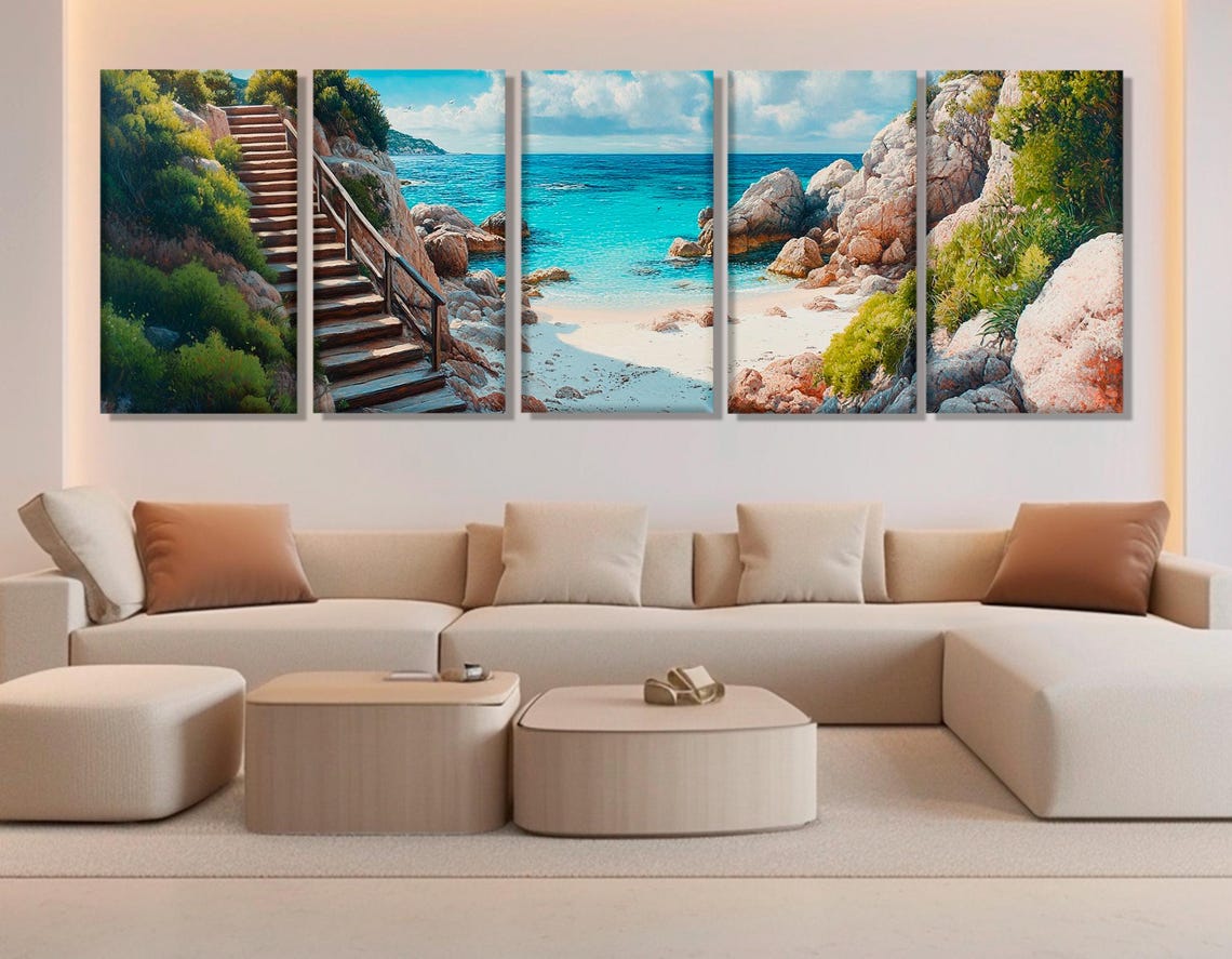 Rocky Cove Beach Long Stairway Turquoise Water Panoramic Art Poster - Image 2