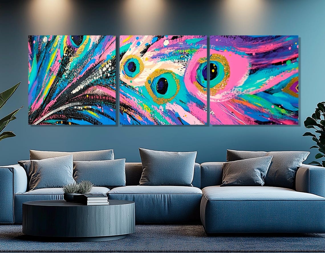 Electric Pop Art Peacock Feather Five Panel Neon Colors Wall Poster - Image 3