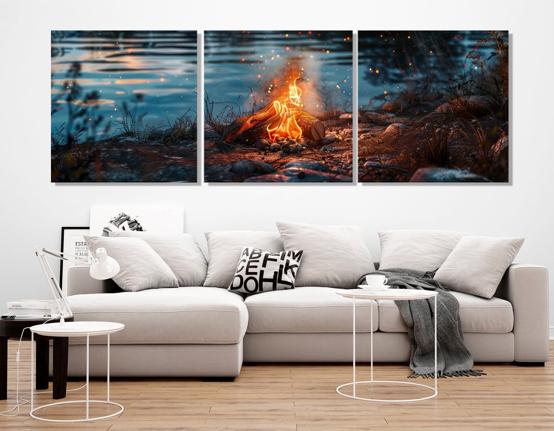 Campfire Bonfire Rocky Lakeshore Dusk Blue Water Sparks Night Poster - Image 4