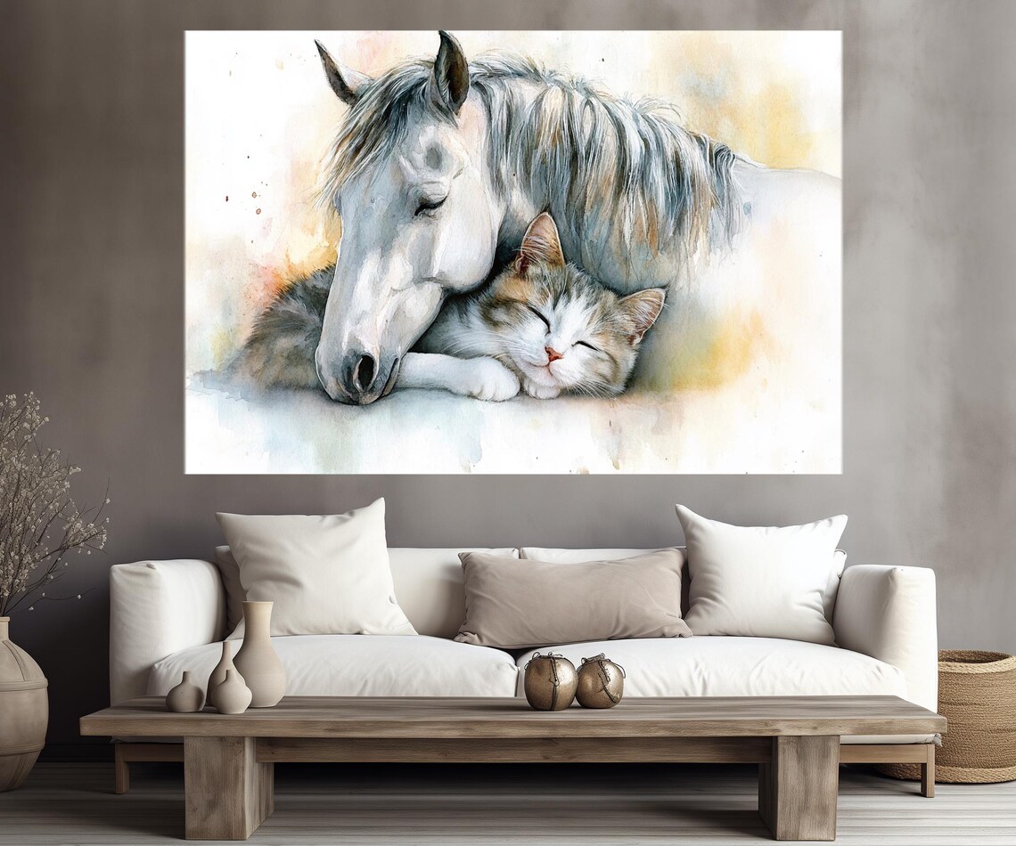 White Horse and Sleeping Tabby Cat Watercolor Tender Friendship Art Poster