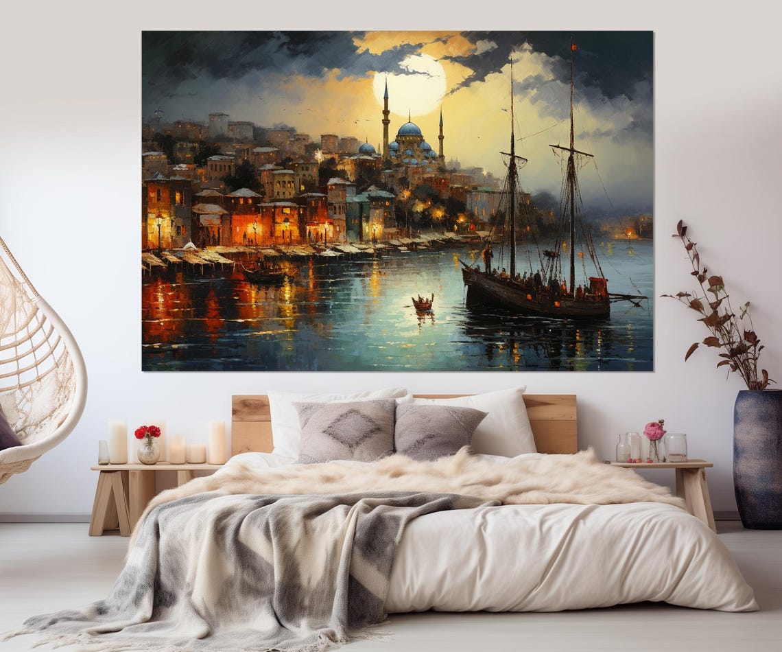 Istanbul Turkey Harbor Mosque Moonlit Old Town Painting Travel Poster