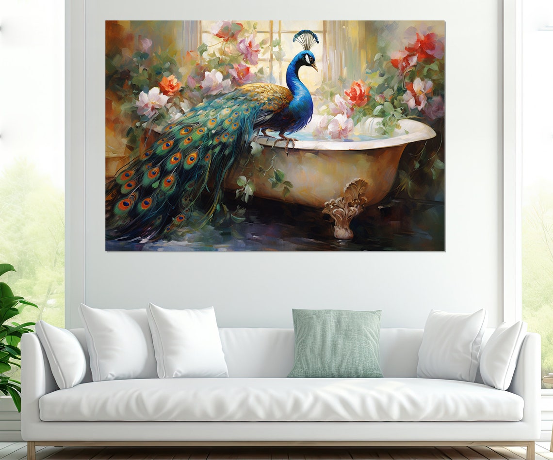 Elegant Peacock Perched On A Vintage Bathtub Among Roses Poster