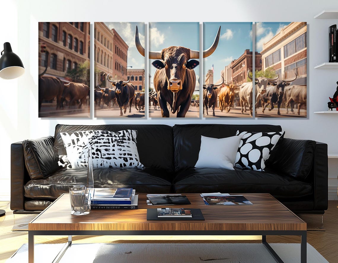 Texas Longhorn Cattle Drive Through Downtown Fort Worth Street Poster - Image 3