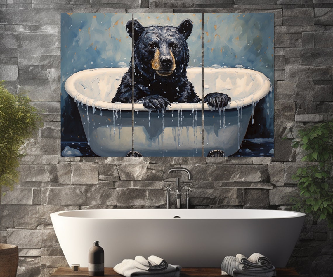 Baby Black Bear Splashing In A White Vintage Bathtub Cute Poster - Image 3