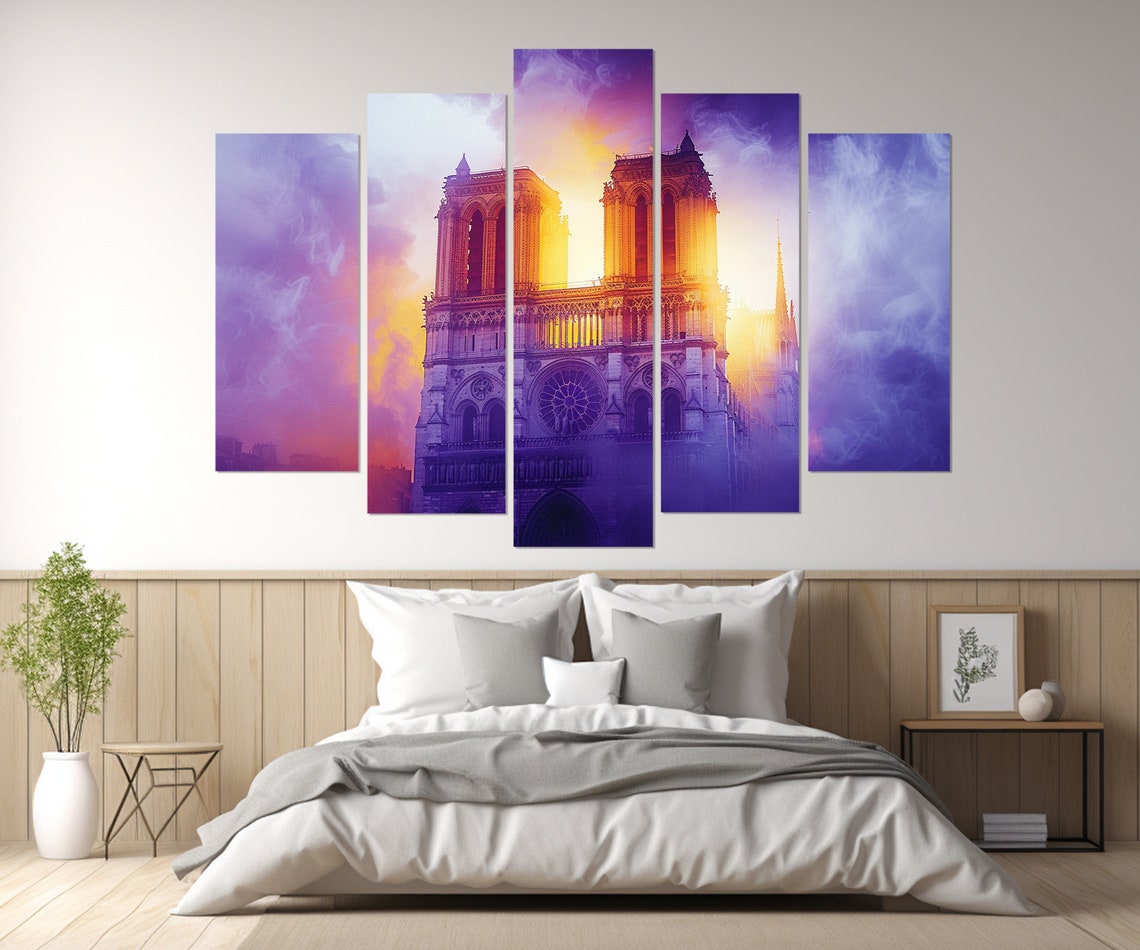 Notre Dame Paris Cathedral Sunset Purple Orange Clouds Glowing Poster - Image 3